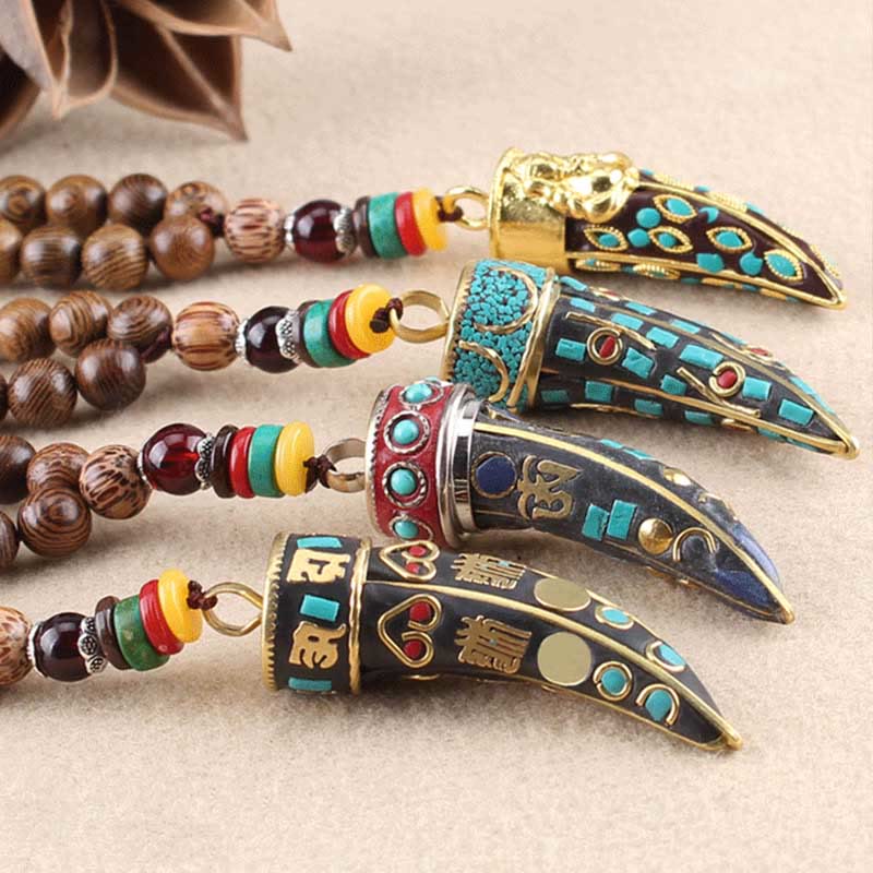 Collar con colgante de protección con diseño de cuerno de mantra con símbolo OM Om Mani Padme Hum de madera de wengué del Tíbet y Buddha Stones - image 17