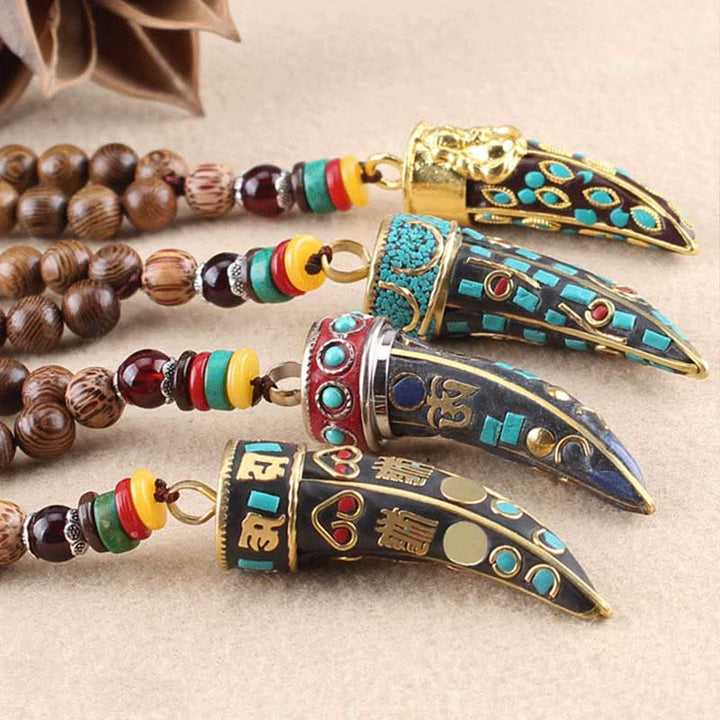 Collar con colgante de protección con diseño de cuerno de mantra con símbolo OM Om Mani Padme Hum de madera de wengué del Tíbet y Buddha Stones - image 17