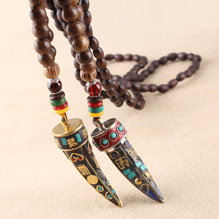 Collar con colgante de protección con diseño de cuerno de mantra con símbolo OM Om Mani Padme Hum de madera de wengué del Tíbet y Buddha Stones - image 18