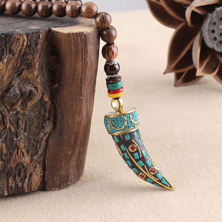 Collar con colgante de protección con diseño de cuerno de mantra con símbolo OM Om Mani Padme Hum de madera de wengué del Tíbet y Buddha Stones - image 11