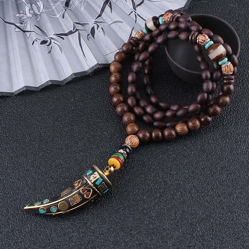 Collar con colgante de protección con diseño de cuerno de mantra con símbolo OM Om Mani Padme Hum de madera de wengué del Tíbet y Buddha Stones - image 4