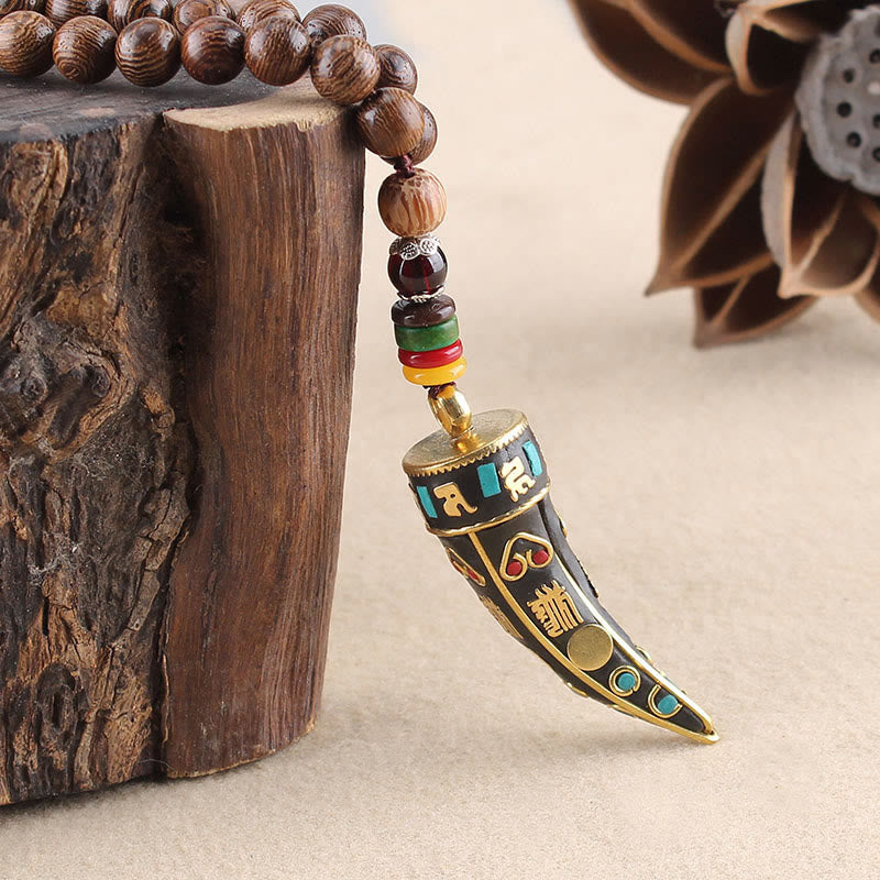 Collar con colgante de protección con diseño de cuerno de mantra con símbolo OM Om Mani Padme Hum de madera de wengué del Tíbet y Buddha Stones - image 3