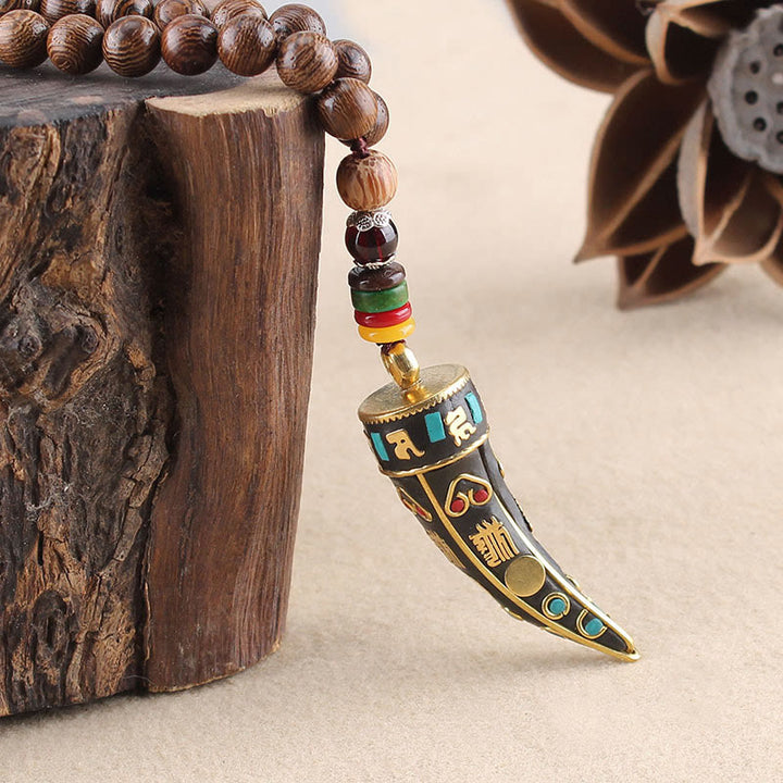Collar con colgante de protección con diseño de cuerno de mantra con símbolo OM Om Mani Padme Hum de madera de wengué del Tíbet y Buddha Stones - image 3