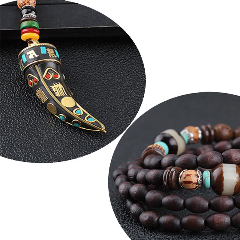 Collar con colgante de protección con diseño de cuerno de mantra con símbolo OM Om Mani Padme Hum de madera de wengué del Tíbet y Buddha Stones - image 6