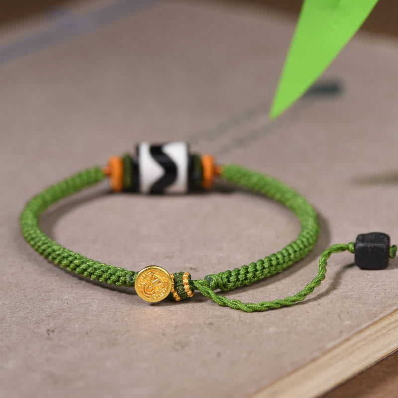 Pulsera trenzada de cuerda verde con protección de cuentas Dzi tibetanas hechas a mano con Buddha Stones