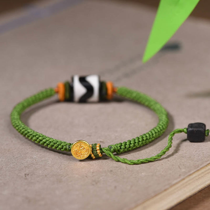 Pulsera trenzada de cuerda verde con protección de cuentas Dzi tibetanas hechas a mano con Buddha Stones