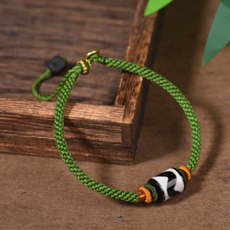 Pulsera trenzada de cuerda verde con protección de cuentas Dzi tibetanas hechas a mano con Buddha Stones