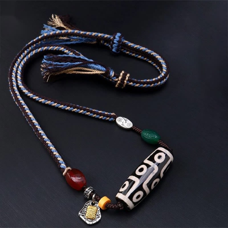 Collar con colgante de cuerda trenzada con protección de cuentas Dzi tibetanas de nueve ojos y Buddha Stones