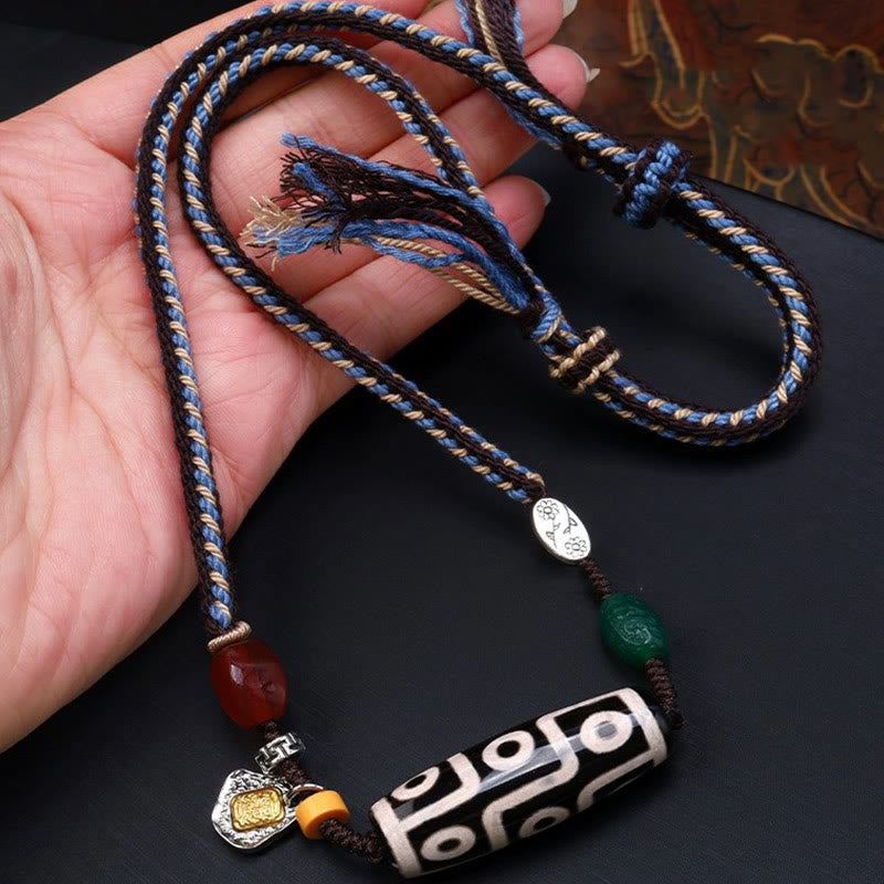 Collar con colgante de cuerda trenzada con protección de cuentas Dzi tibetanas de nueve ojos y Buddha Stones - Cuenta Dzi de nueve ojos (riqueza♥poder) - image 0