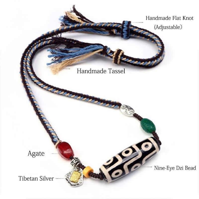 Collar con colgante de cuerda trenzada con protección de cuentas Dzi tibetanas de nueve ojos y Buddha Stones