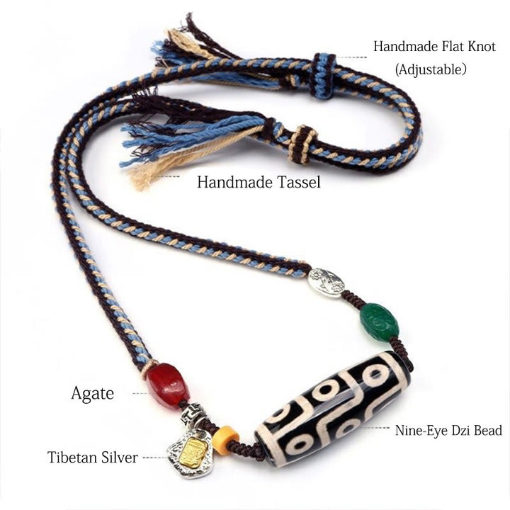Collar con colgante de cuerda trenzada con protección de cuentas Dzi tibetanas de nueve ojos y Buddha Stones