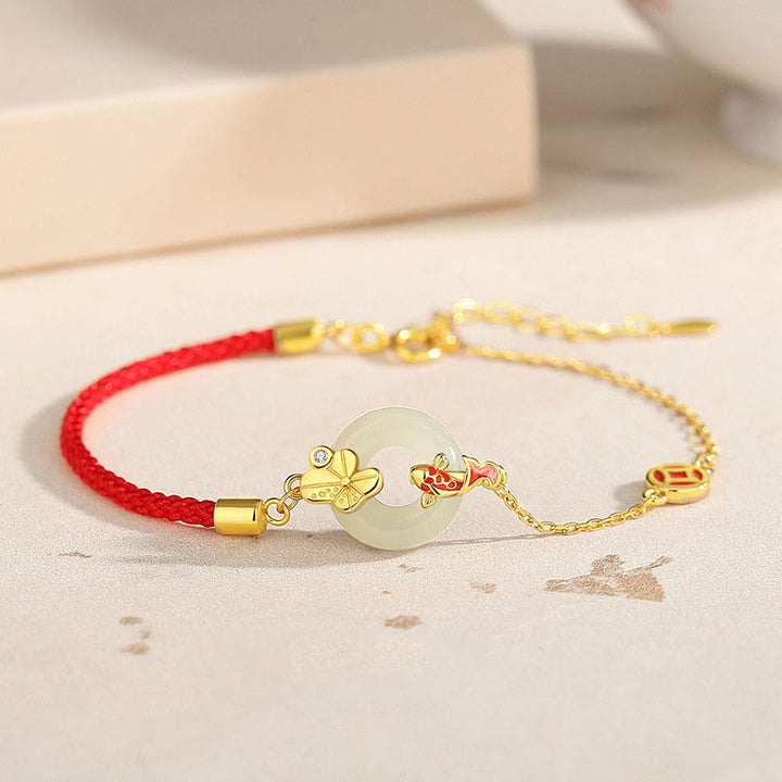 Pulsera de cuerda roja con hebilla de paz de pez dorado chino de jade hetiano de plata esterlina 925 hecha a mano con Buddha Stones