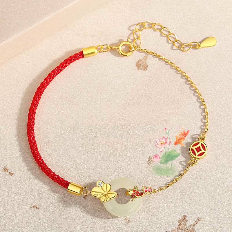 Pulsera de cuerda roja con hebilla de paz de pez dorado chino de jade hetiano de plata esterlina 925 hecha a mano con Buddha Stones