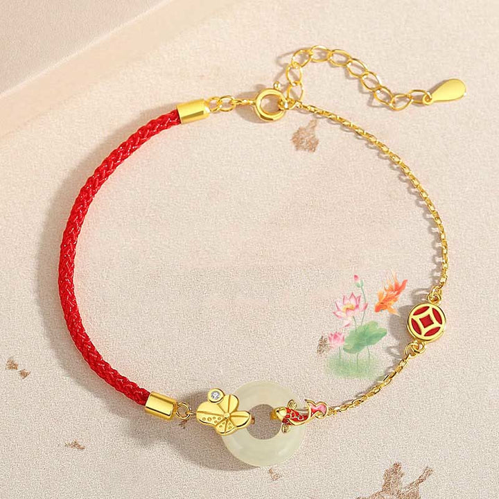 Pulsera de cuerda roja con hebilla de paz de pez dorado chino de jade hetiano de plata esterlina 925 hecha a mano con Buddha Stones