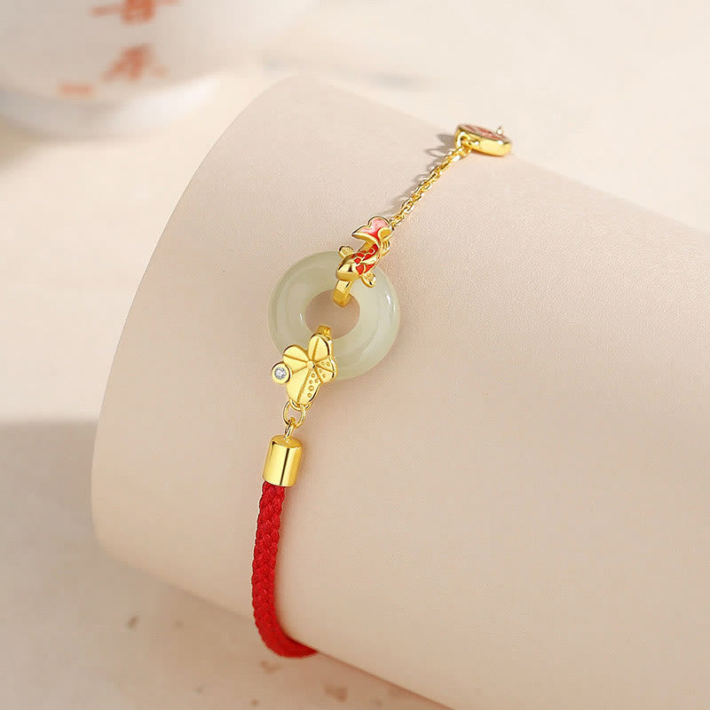 Pulsera de cuerda roja con hebilla de paz de pez dorado chino de jade hetiano de plata esterlina 925 hecha a mano con Buddha Stones