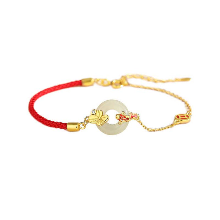 Pulsera de cuerda roja con hebilla de paz de pez dorado chino de jade hetiano de plata esterlina 925 hecha a mano con Buddha Stones