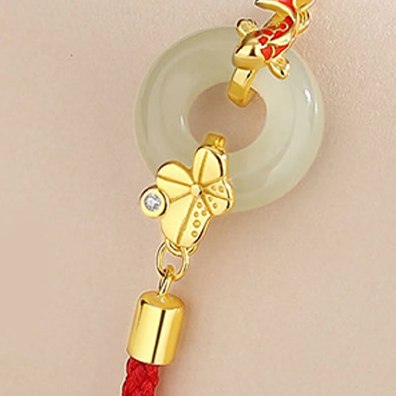Pulsera de cuerda roja con hebilla de paz de pez dorado chino de jade hetiano de plata esterlina 925 hecha a mano con Buddha Stones