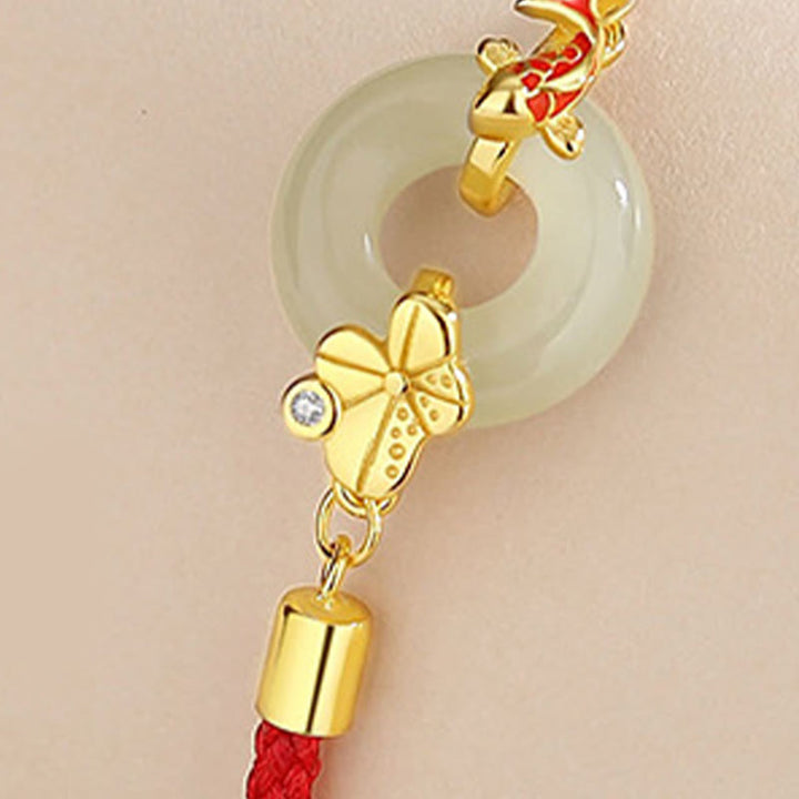 Pulsera de cuerda roja con hebilla de paz de pez dorado chino de jade hetiano de plata esterlina 925 hecha a mano con Buddha Stones