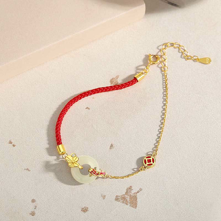 Pulsera de cuerda roja con hebilla de paz de pez dorado chino de jade hetiano de plata esterlina 925 hecha a mano con Buddha Stones