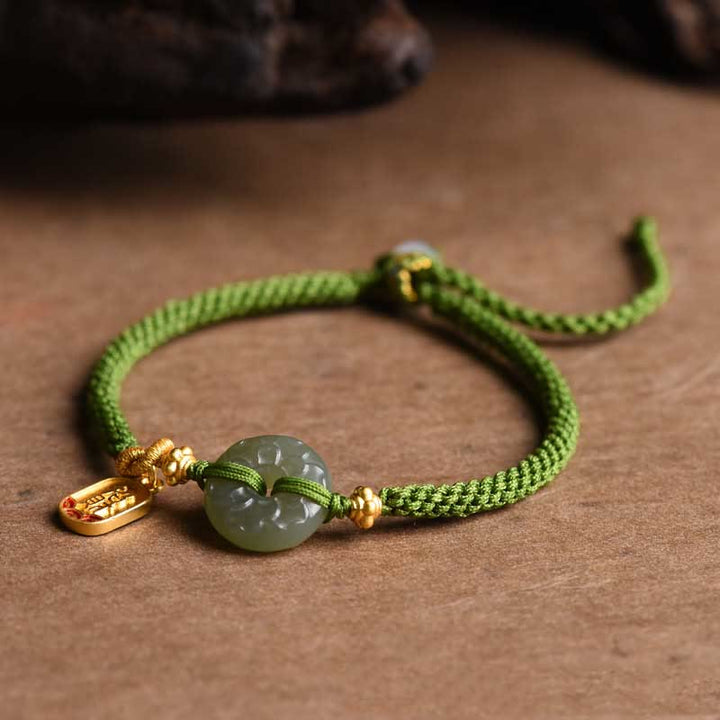Pulsera de cuerda verde con hebilla de paz y jade verde y Buddha Stones