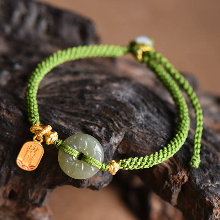 Pulsera de cuerda verde con hebilla de paz y jade verde y Buddha Stones