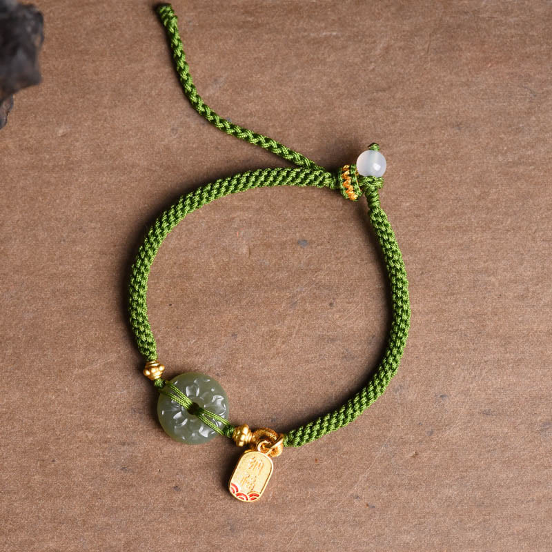 Pulsera de cuerda verde con hebilla de paz y jade verde y Buddha Stones