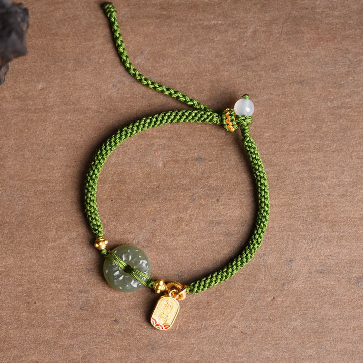 Pulsera de cuerda verde con hebilla de paz y jade verde y Buddha Stones