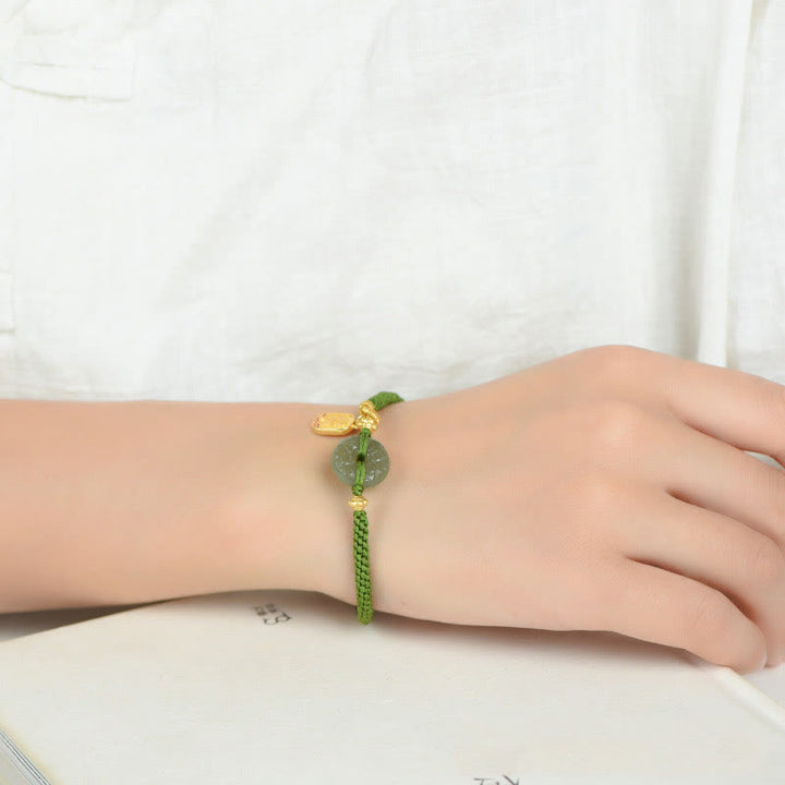 Pulsera de cuerda verde con hebilla de paz y jade verde y Buddha Stones