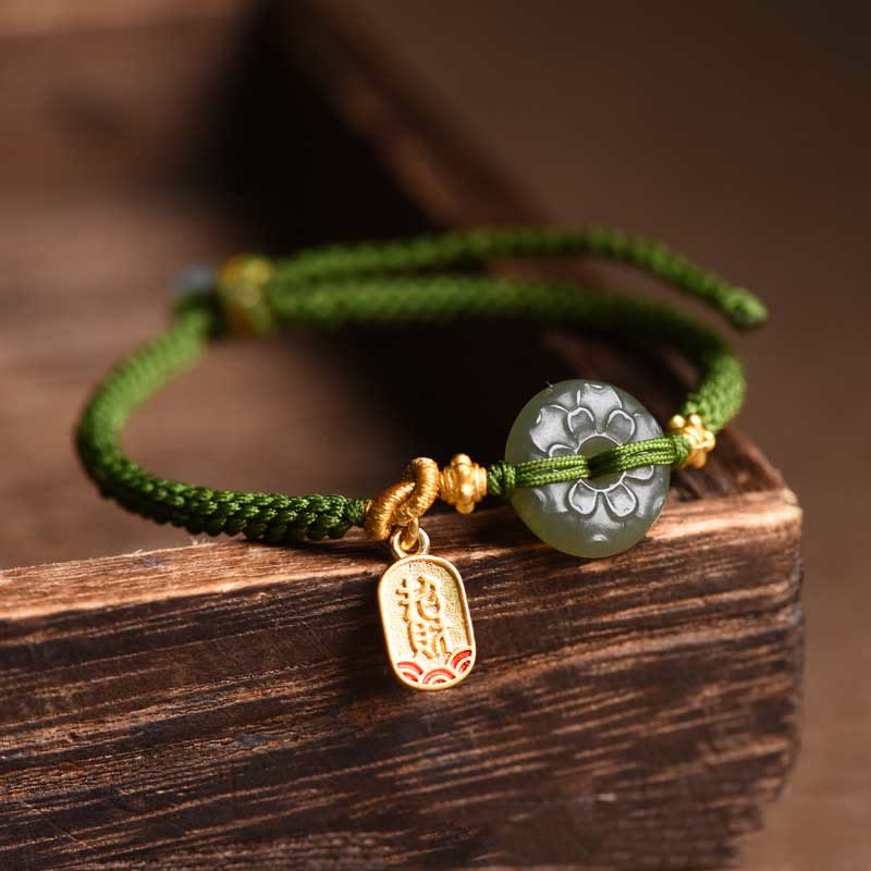 Pulsera de cuerda verde con hebilla de paz y jade verde y Buddha Stones