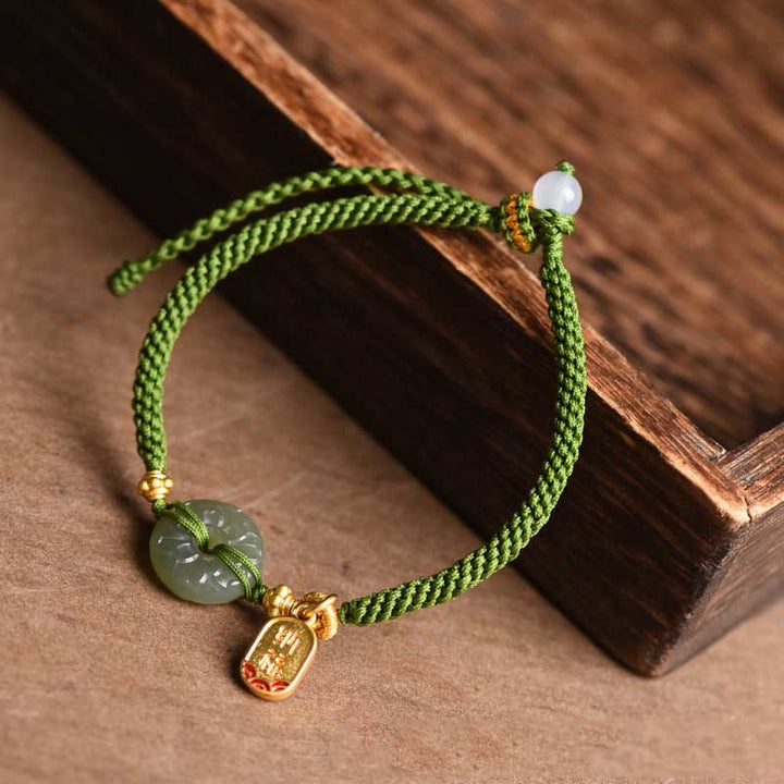 Pulsera de cuerda verde con hebilla de paz y jade verde y Buddha Stones