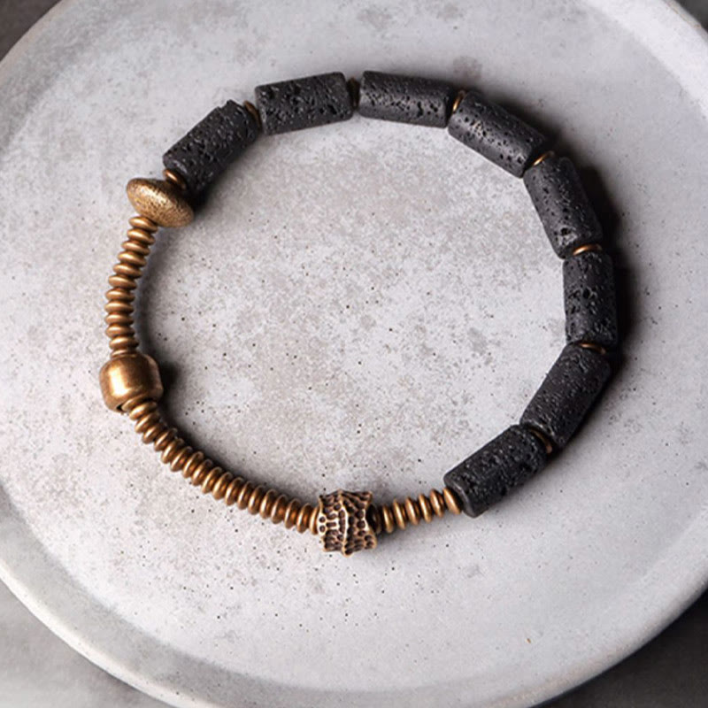 Pulsera de cobre con cuentas de lava negra y Buddha Stones para la suerte y la riqueza