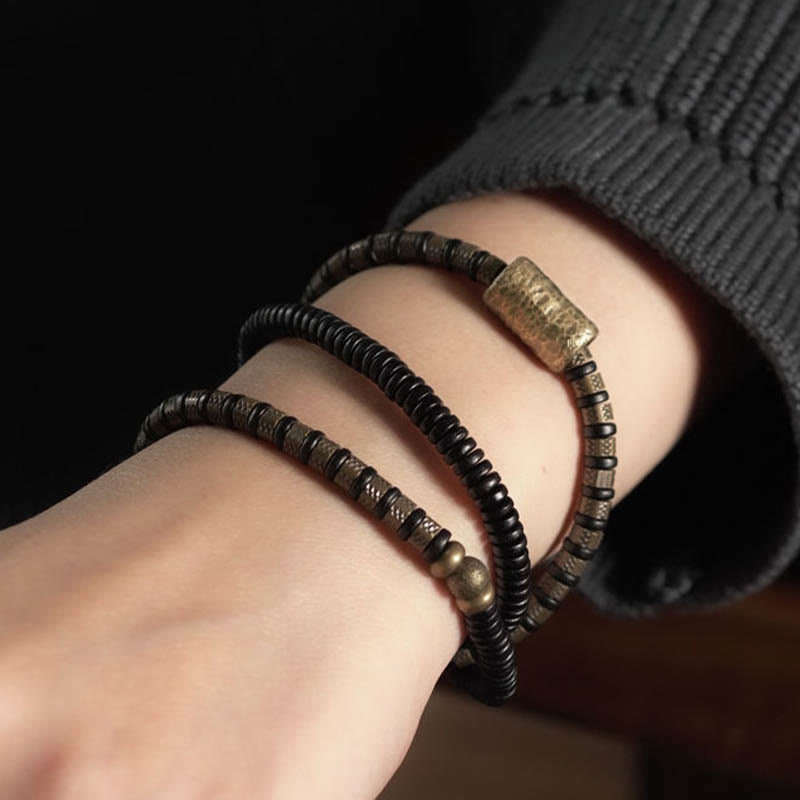 Pulsera de cobre multicapa con cuentas de madera de ébano tibetano y Buddha Stones