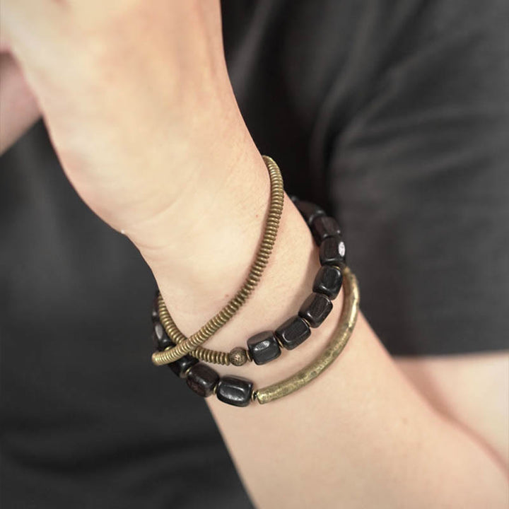 Pulsera curativa multicapa de cobre con cuentas de madera de ébano tibetano y Buddha Stones de la paz vintage