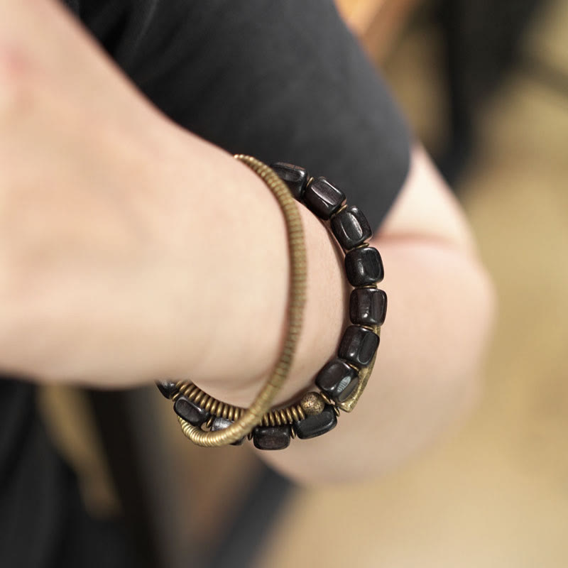 Pulsera curativa multicapa de cobre con cuentas de madera de ébano tibetano y Buddha Stones de la paz vintage