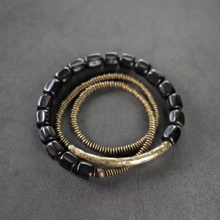 Pulsera curativa multicapa de cobre con cuentas de madera de ébano tibetano y Buddha Stones de la paz vintage