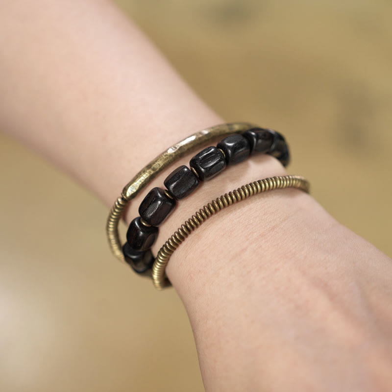 Pulsera curativa multicapa de cobre con cuentas de madera de ébano tibetano y Buddha Stones de la paz vintage