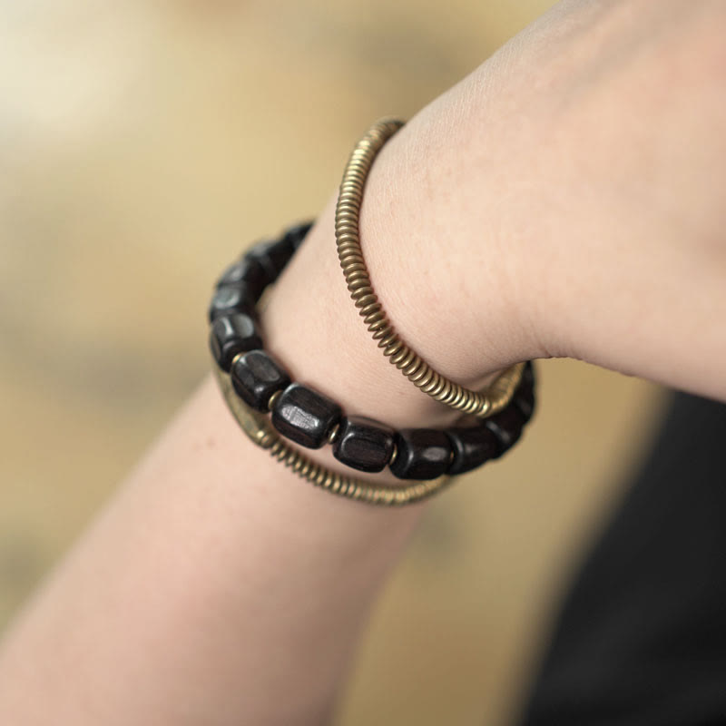 Pulsera curativa multicapa de cobre con cuentas de madera de ébano tibetano y Buddha Stones de la paz vintage
