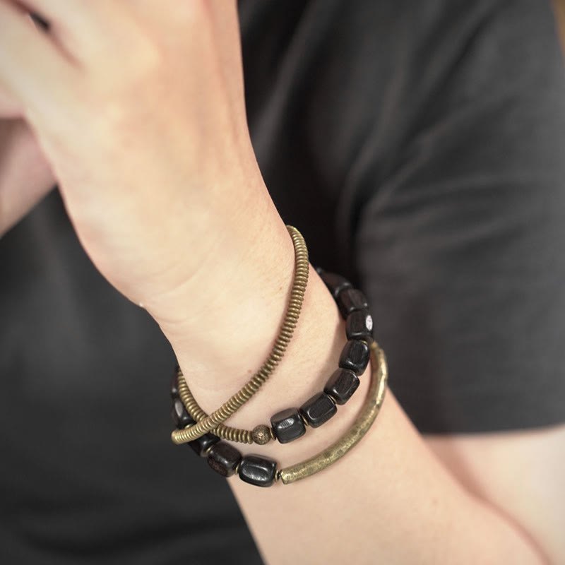 Pulsera curativa multicapa de cobre con cuentas de madera de ébano tibetano y Buddha Stones de la paz vintage