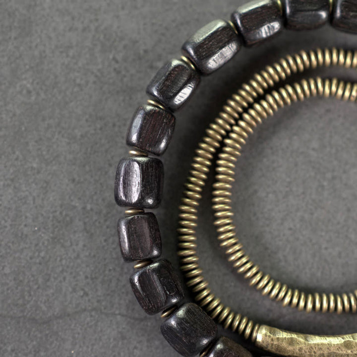 Pulsera curativa multicapa de cobre con cuentas de madera de ébano tibetano y Buddha Stones de la paz vintage