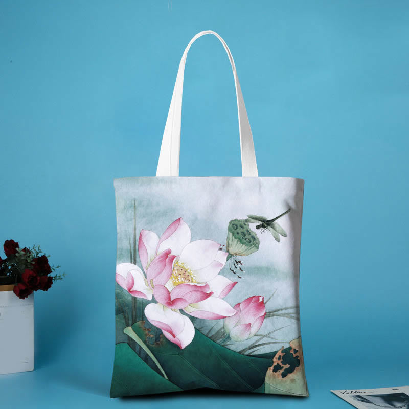 Bolso de hombro de lona con forma de loto y Buddha Stones