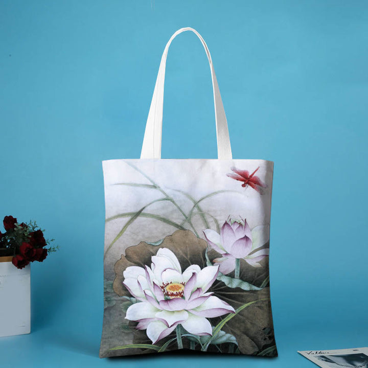 Bolso de hombro de lona con forma de loto y Buddha Stones