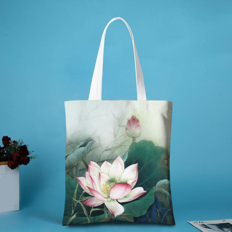 Bolso de hombro de lona con forma de loto y Buddha Stones