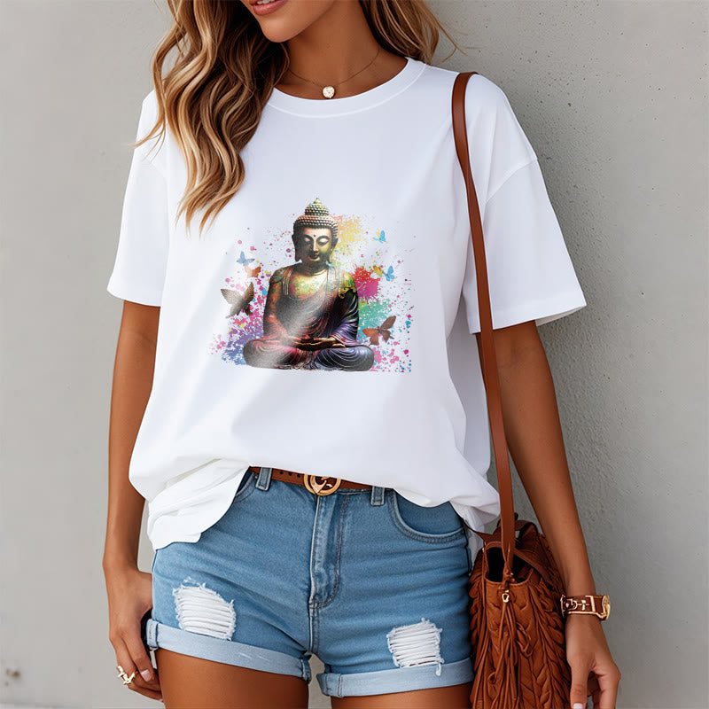 Camiseta con diseño de Buda y mariposa colorida en meditación de Buddha Stones - image 7