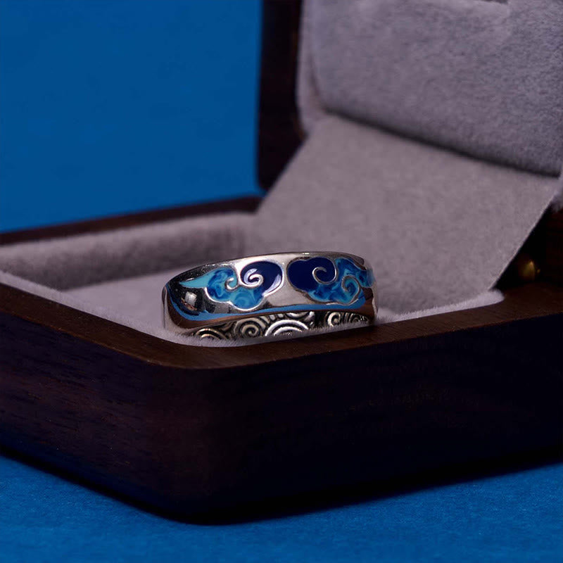 Buddha Stones Anillo Ajustable de Cobre de la Suerte con Patrón de Nubes Auspiciosas Azul