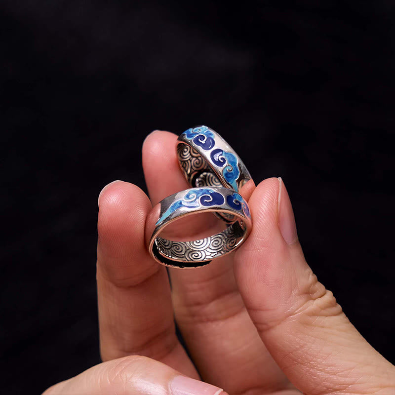 Buddha Stones Anillo Ajustable de Cobre de la Suerte con Patrón de Nubes Auspiciosas Azul