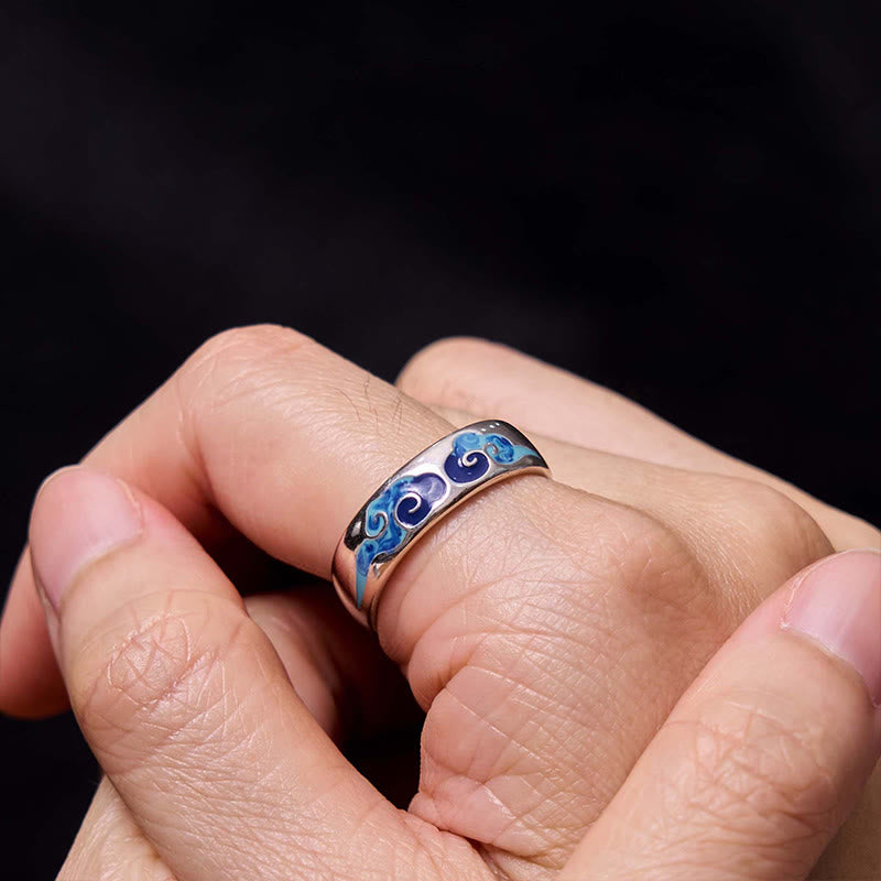Buddha Stones Anillo Ajustable de Cobre de la Suerte con Patrón de Nubes Auspiciosas Azul