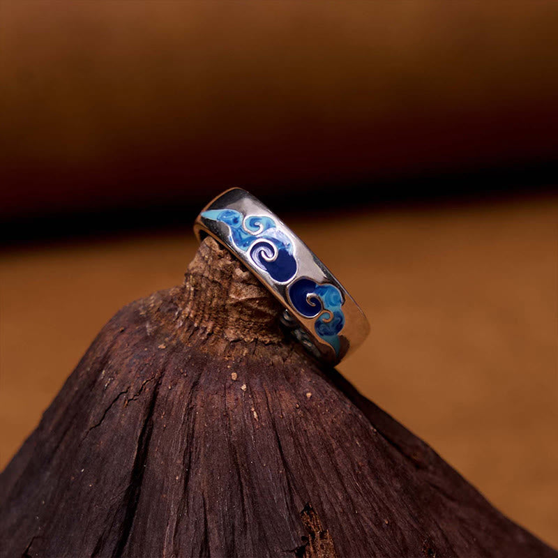 Buddha Stones Anillo Ajustable de Cobre de la Suerte con Patrón de Nubes Auspiciosas Azul