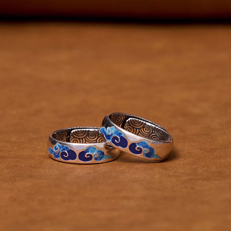 Buddha Stones Anillo Ajustable de Cobre de la Suerte con Patrón de Nubes Auspiciosas Azul