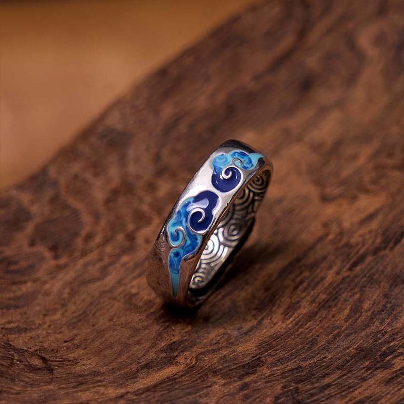 Buddha Stones Anillo Ajustable de Cobre de la Suerte con Patrón de Nubes Auspiciosas Azul