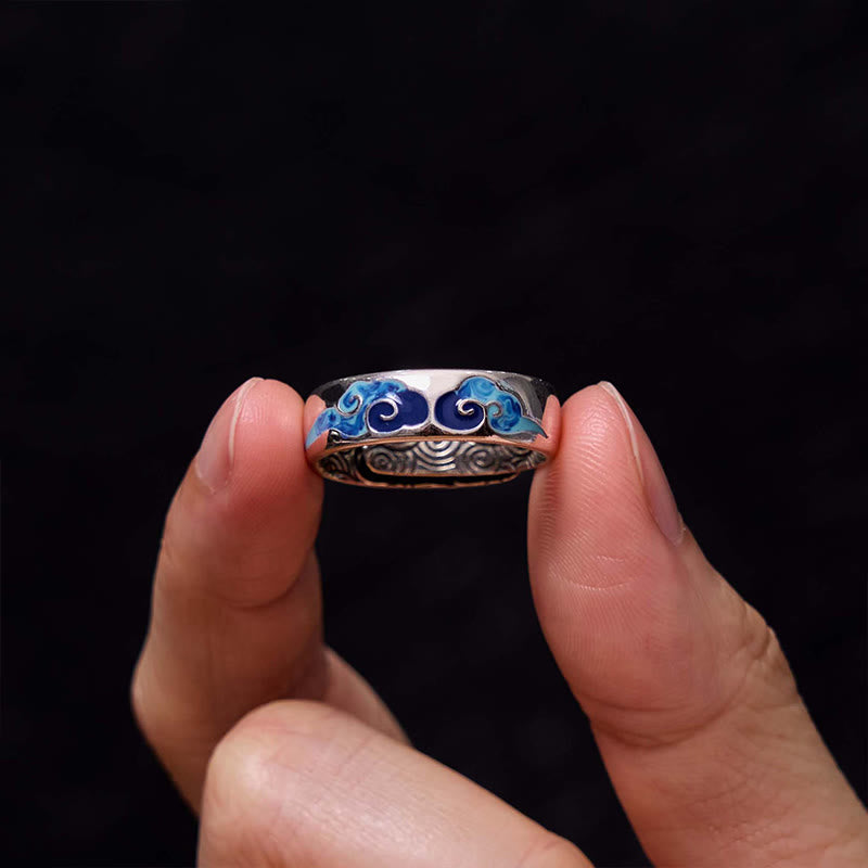 Buddha Stones Anillo Ajustable de Cobre de la Suerte con Patrón de Nubes Auspiciosas Azul